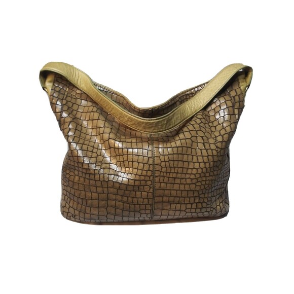 Vintage Donald J Pliner Leather Hobo Shoulder Bag Croc Embossed Tan Retail $275 - Picture 3 of 11